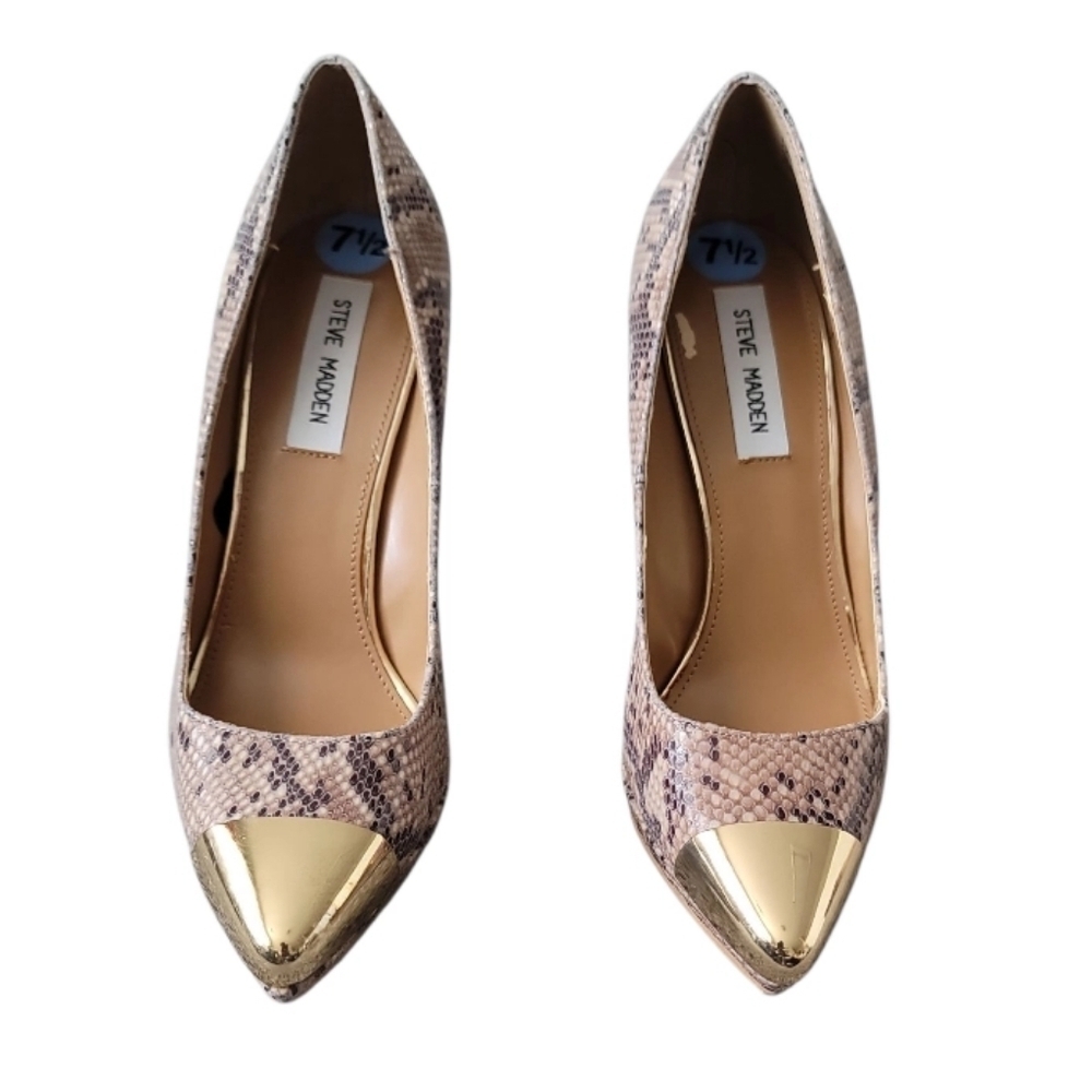 Steve Madden Brown Snakeskin  Gold Metal Pointed Toe Stiletto Heels Womens 7.5